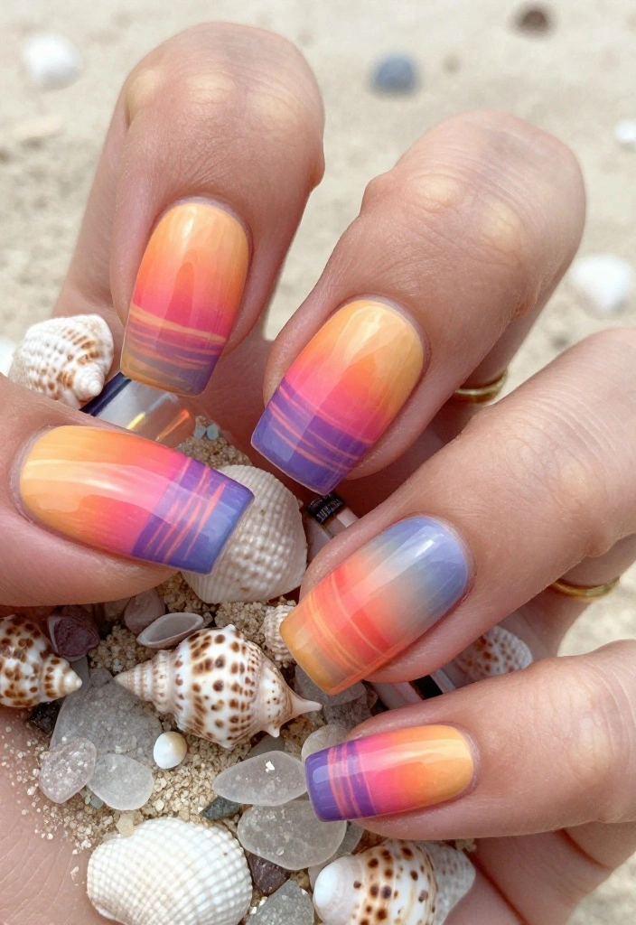 12 Stunning Sea Glass Nails That Will Transport You Straight to the Beach! - 7. Sunset Over the Ocean 1