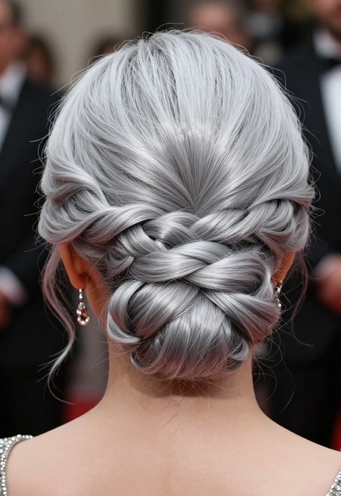14 Hair Ideas Featuring a Soft Mix of Silver and Natural Shades (Get Ready to Shine!) - 12. Elegant Silver Updo 1