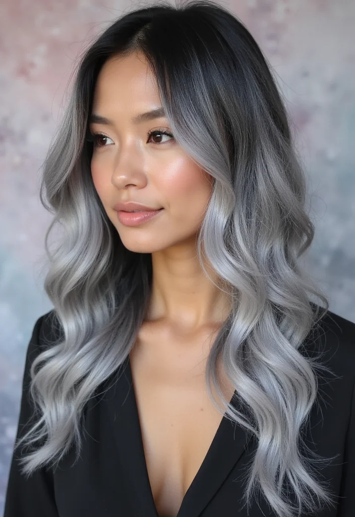14 Hair Ideas Featuring a Soft Mix of Silver and Natural Shades (Get Ready to Shine!) - 2. Silver Ombre with Natural Black Roots 1