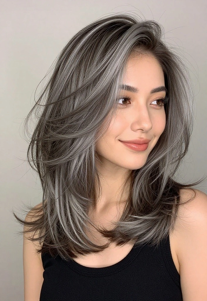 14 Hair Ideas Featuring a Soft Mix of Silver and Natural Shades (Get Ready to Shine!) - 4. Silver-Infused Choppy Lob 1