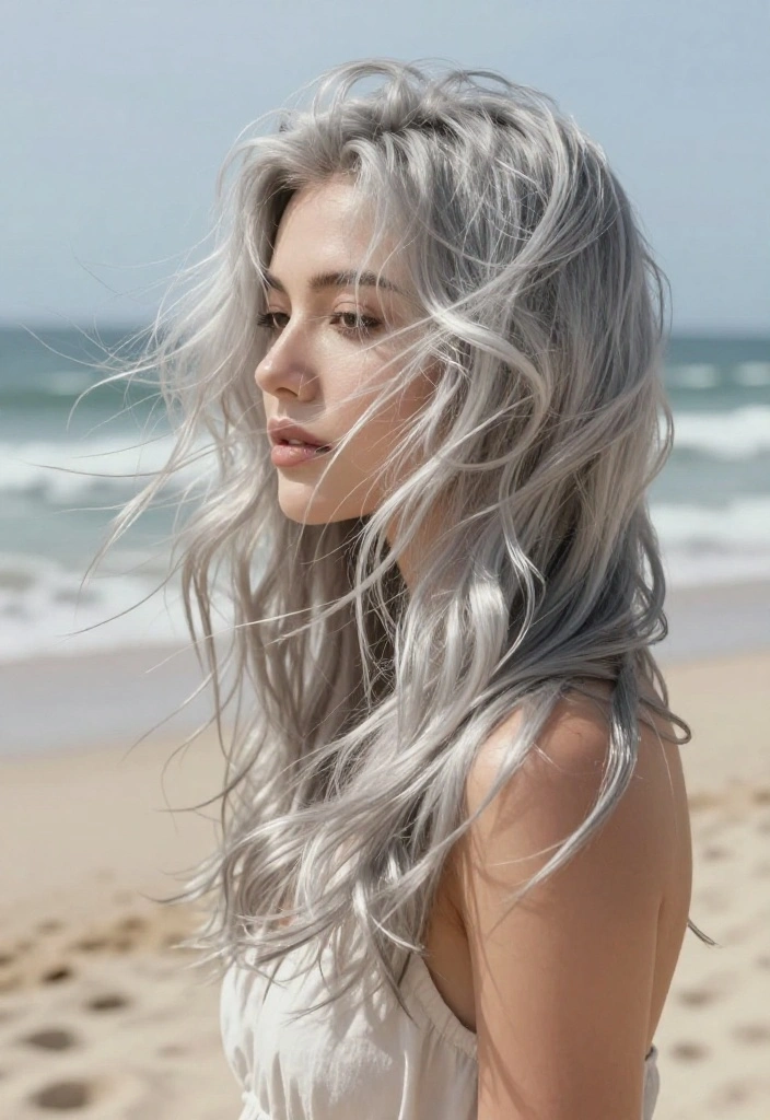 14 Hair Ideas Featuring a Soft Mix of Silver and Natural Shades (Get Ready to Shine!) - 8. Soft Silver Beach Waves 1