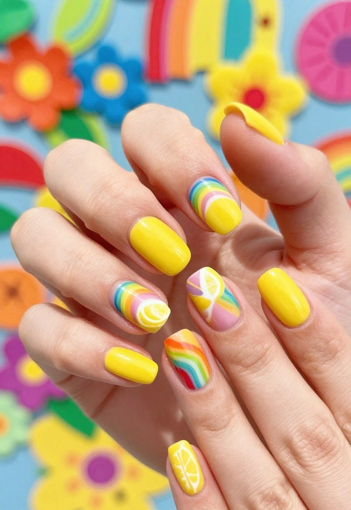 15 Adorable Lemon Nail Art Ideas You’ll Want to Try This Summer! - 14. Lemon and Rainbow Delight 1