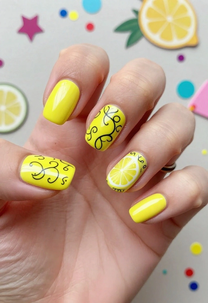 15 Adorable Lemon Nail Art Ideas You’ll Want to Try This Summer! - 15. Lemon Doodle Patterns 1