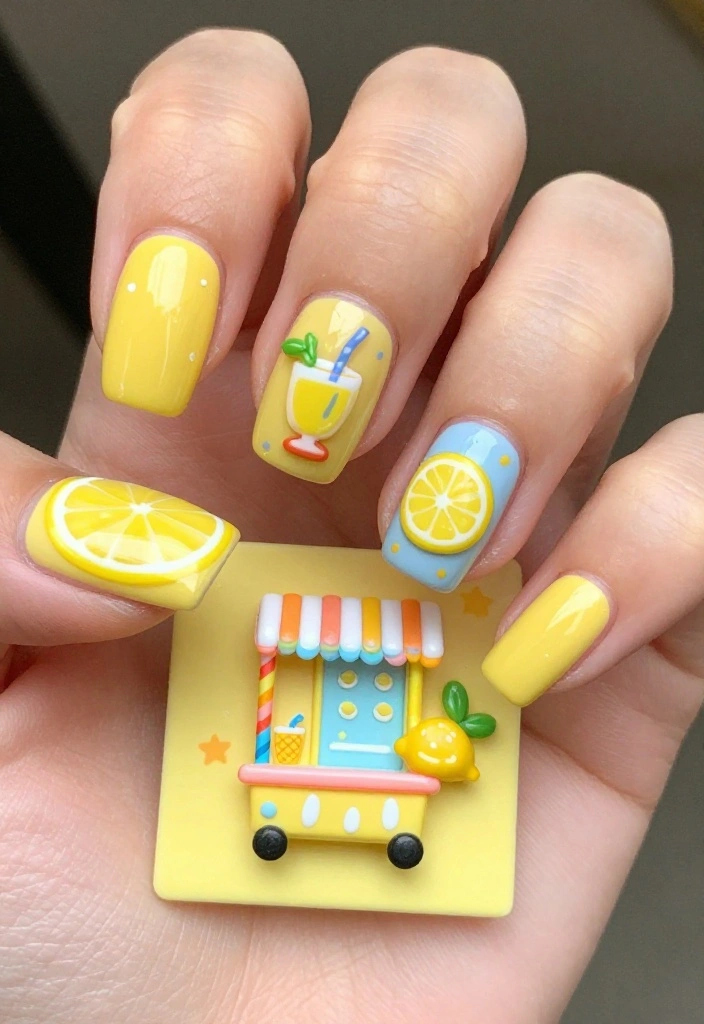 15 Adorable Lemon Nail Art Ideas You’ll Want to Try This Summer! - 4. Whimsical Lemonade Stand 1