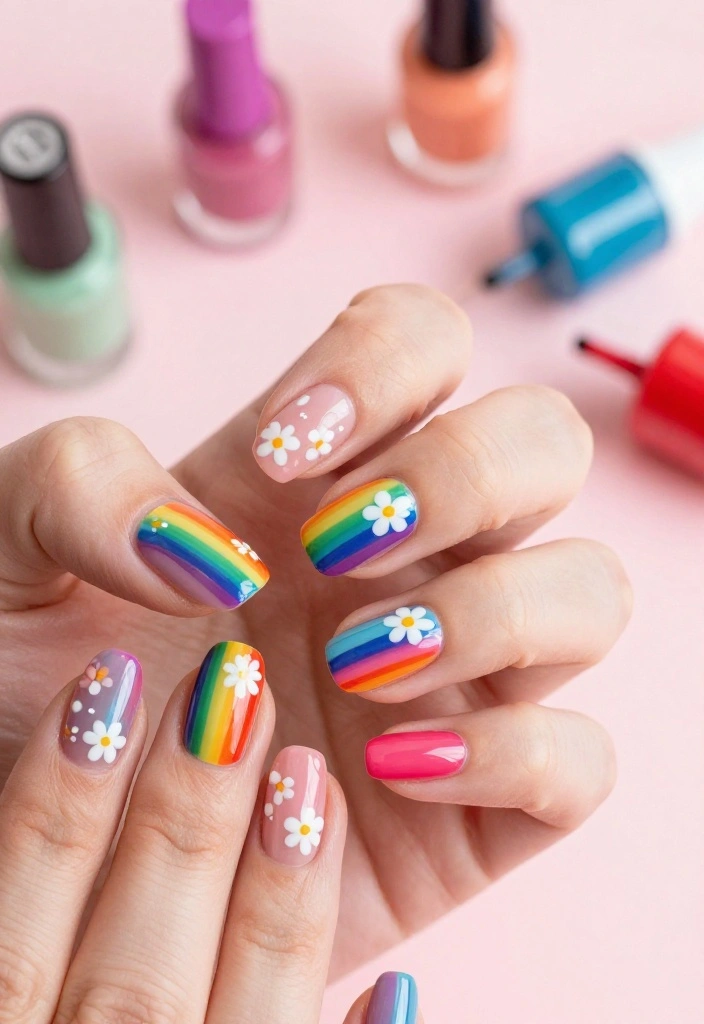 17 Trendy Floral Nail Designs with Tiny White Flowers to Inspire You! - 12. Rainbow Colors with Tiny White Flowers 1