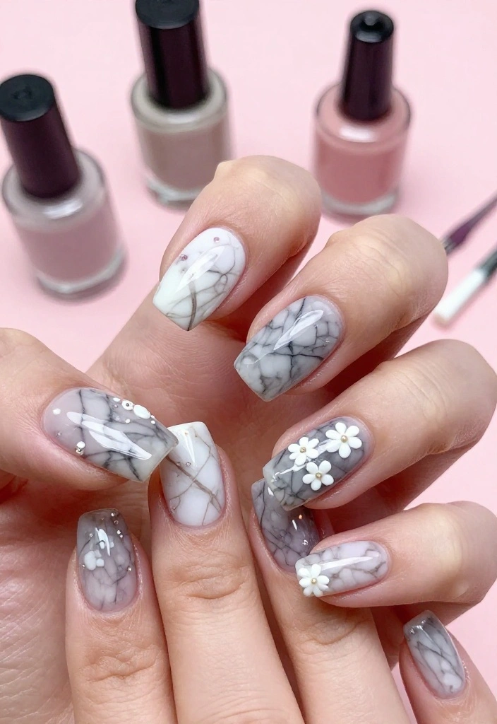 17 Trendy Floral Nail Designs with Tiny White Flowers to Inspire You! - 13. Artistic Marble with Tiny White Flowers 1