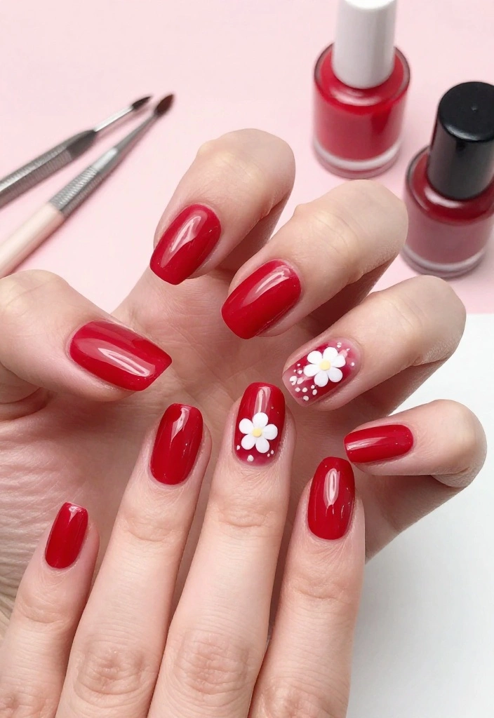 17 Trendy Floral Nail Designs with Tiny White Flowers to Inspire You! - 14. Sweetheart Red with Tiny White Flowers 1