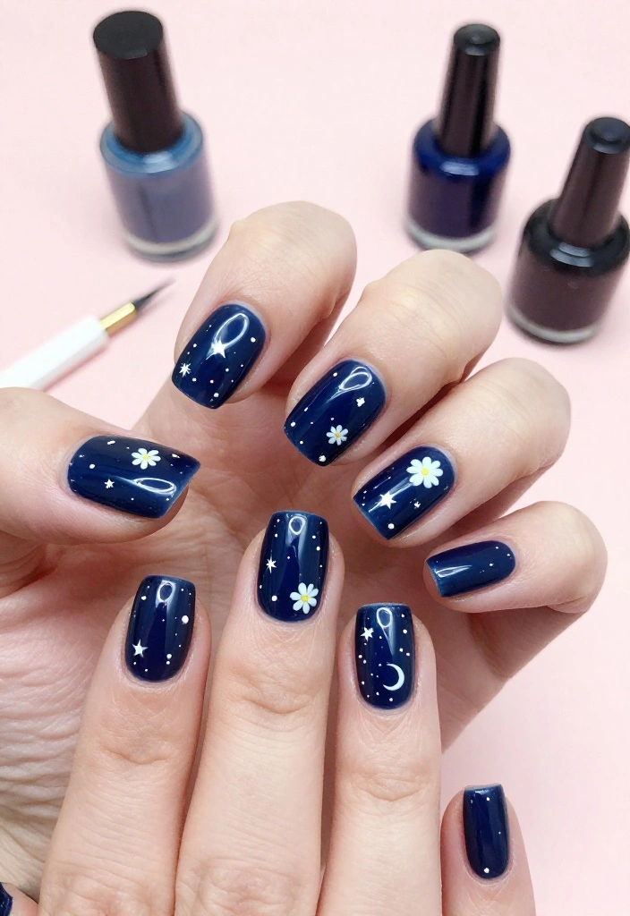 17 Trendy Floral Nail Designs with Tiny White Flowers to Inspire You! - 16. Celestial Stars with Tiny White Flowers 1