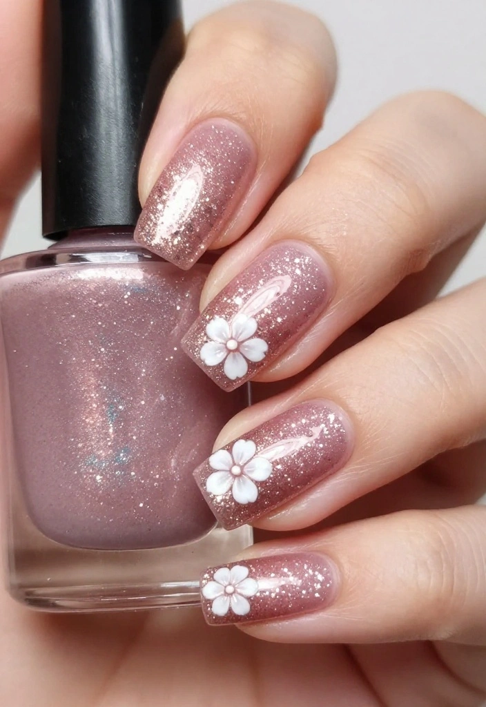 17 Trendy Floral Nail Designs with Tiny White Flowers to Inspire You! - 8. Glitter and Glam with Tiny White Flowers 1