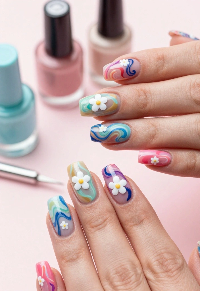 17 Trendy Floral Nail Designs with Tiny White Flowers to Inspire You! - 9. Artistic Swirls with Tiny White Flowers 1