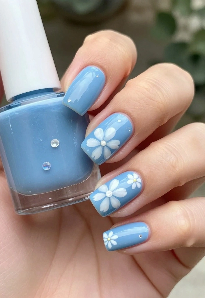 18 Creative Sky Blue Nail Art Ideas for Every Occasion (You'll Want to Copy #9!) - 1. Classic Sky Blue with White Flowers 1