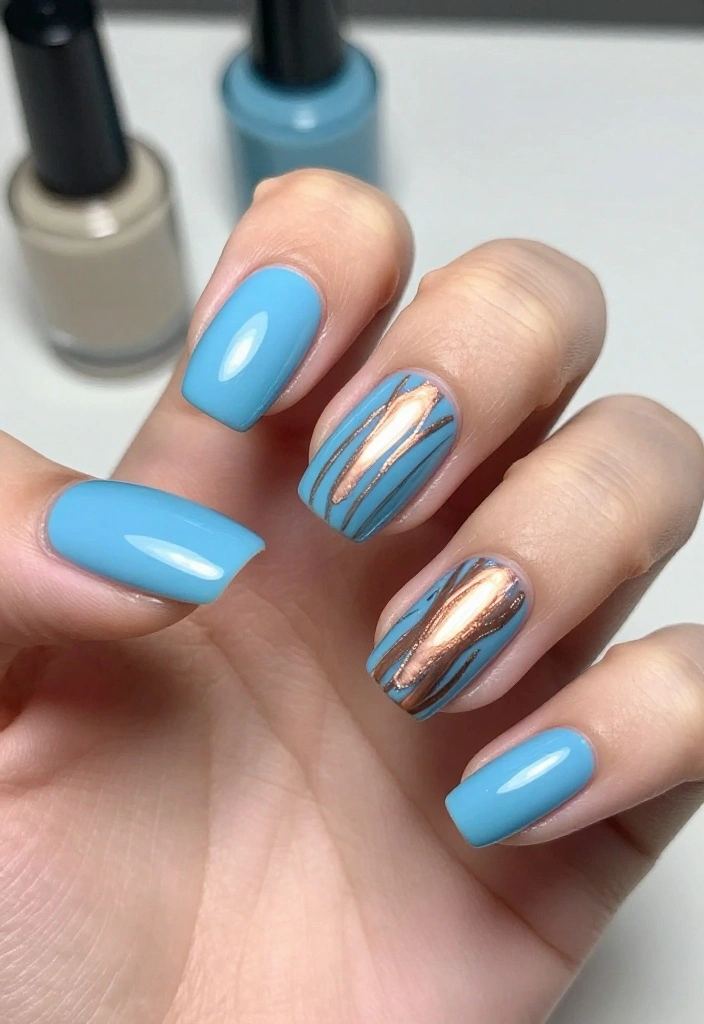 18 Creative Sky Blue Nail Art Ideas for Every Occasion (You'll Want to Copy #9!) - 11. Sky Blue and Metallic Copper 1
