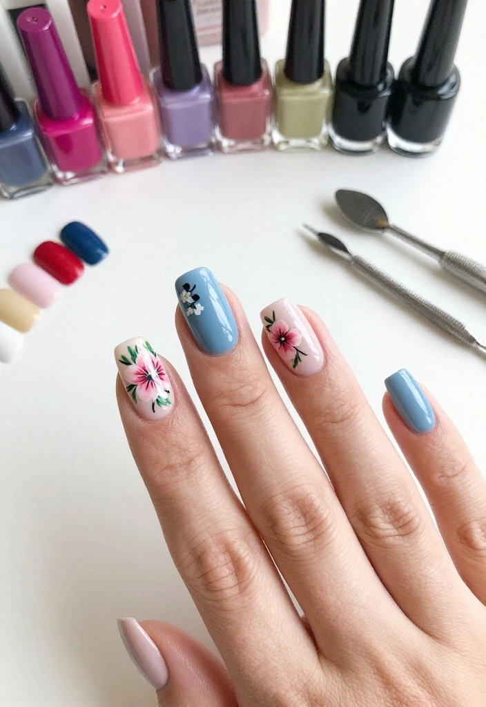 18 Creative Sky Blue Nail Art Ideas for Every Occasion (You'll Want to Copy #9!) - 13. Sky Blue and Floral Designs 1