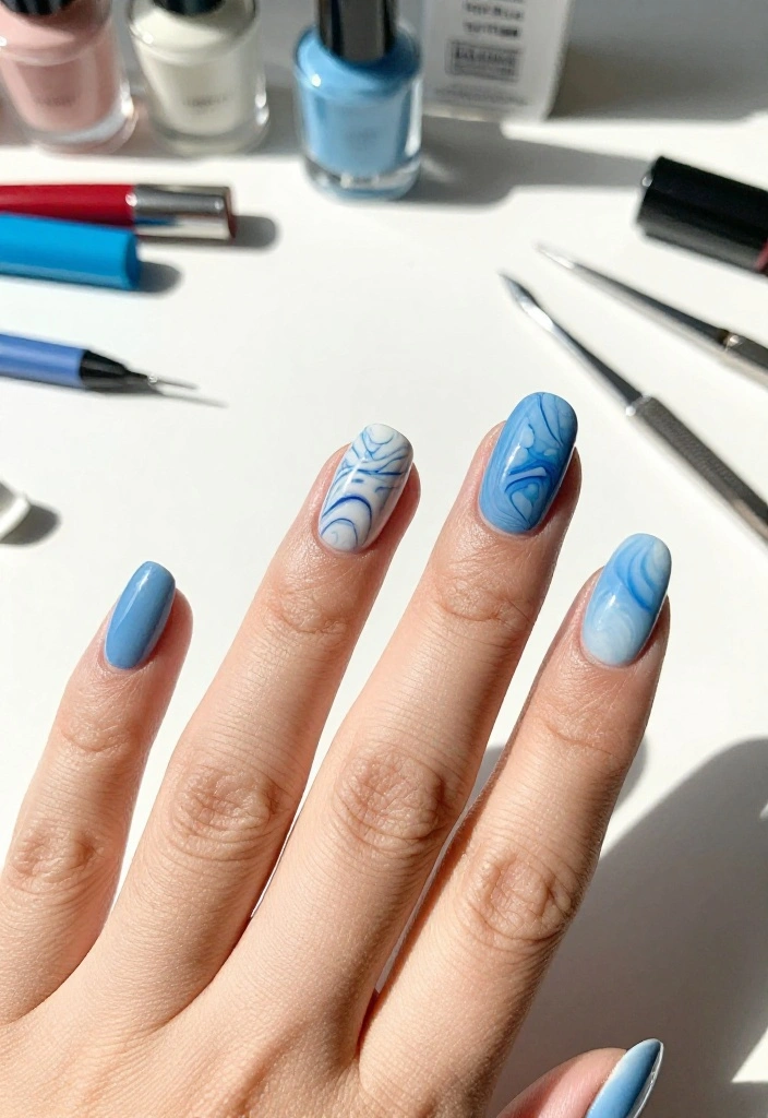 18 Creative Sky Blue Nail Art Ideas for Every Occasion (You'll Want to Copy #9!) - 6. Sky Blue Marble Effect 1