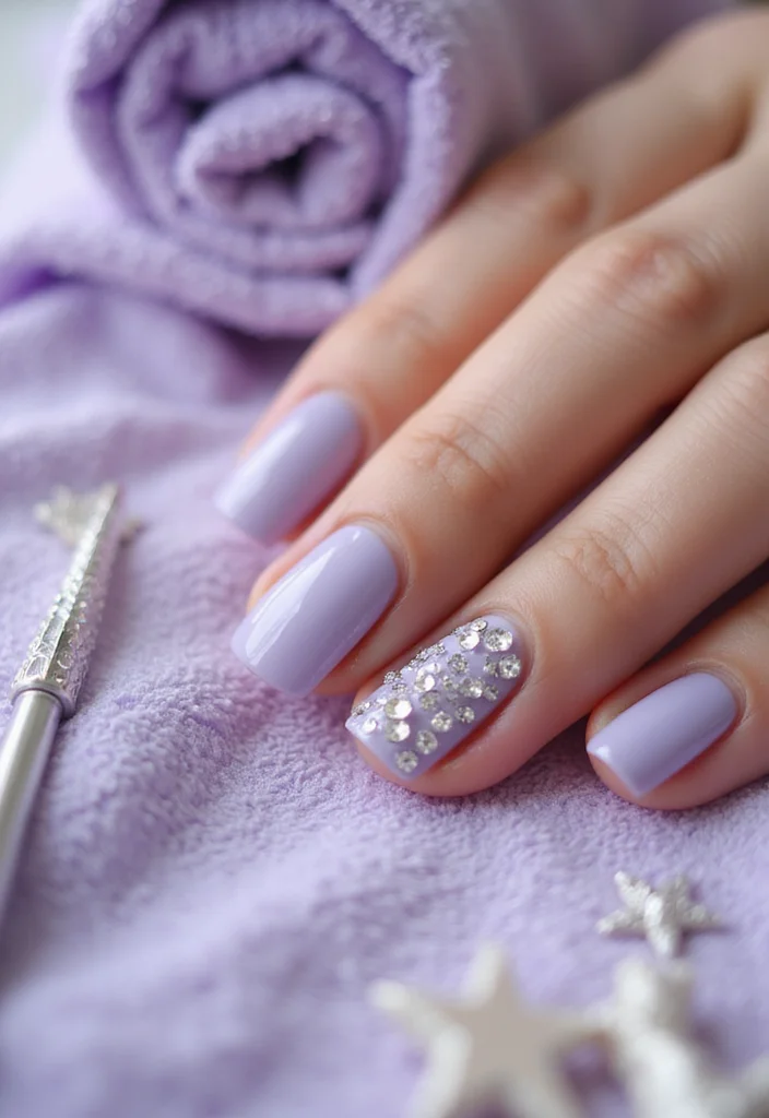 19 Gorgeous Milky Pastel Lavender Nail Color Ideas That Are Total Show-Stoppers! - 11. Lavender Rhinestone Accent 1