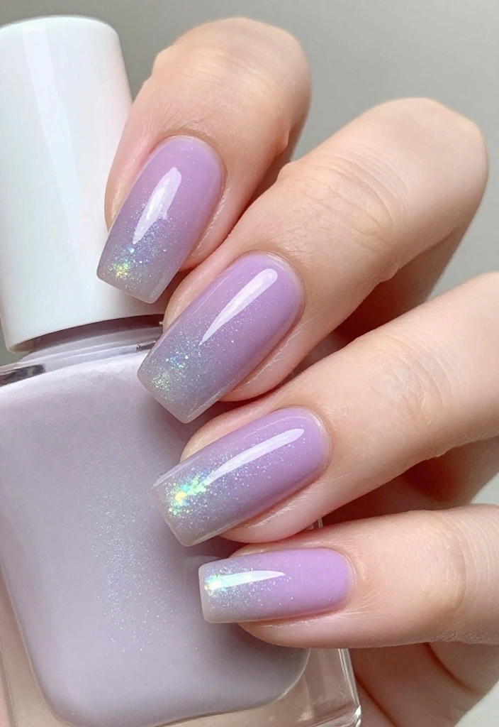 19 Gorgeous Milky Pastel Lavender Nail Color Ideas That Are Total Show-Stoppers! - 12. Lavender Gradient Glitter 1