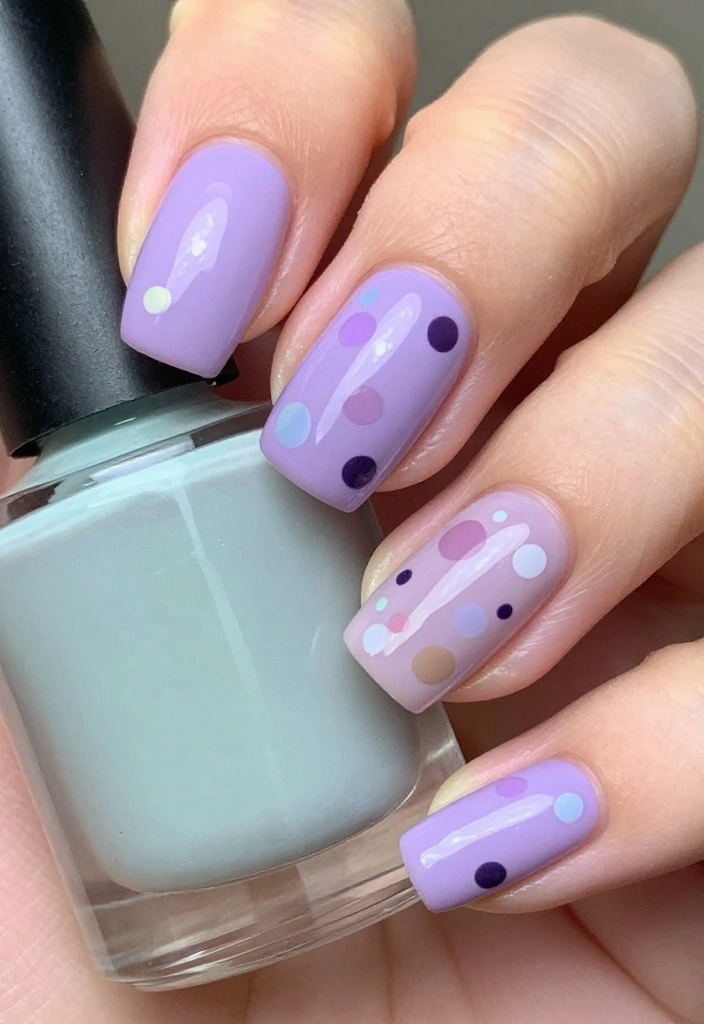 19 Gorgeous Milky Pastel Lavender Nail Color Ideas That Are Total Show-Stoppers! - 13. Pastel Lavender with Dot Art 1