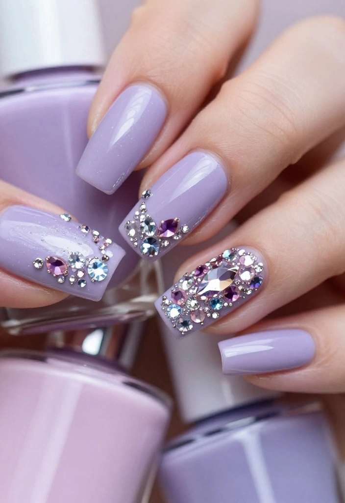 19 Gorgeous Milky Pastel Lavender Nail Color Ideas That Are Total Show-Stoppers! - 18. Lavender with Gemstone Accents 1