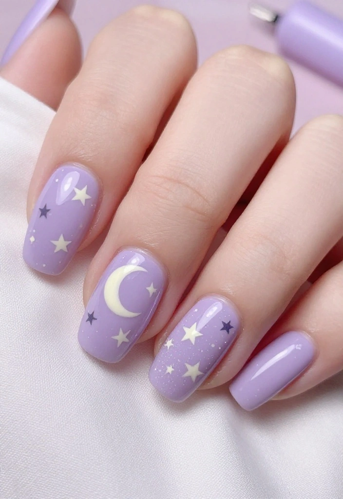 19 Gorgeous Milky Pastel Lavender Nail Color Ideas That Are Total Show-Stoppers! - 19. Lavender Starry Night 1