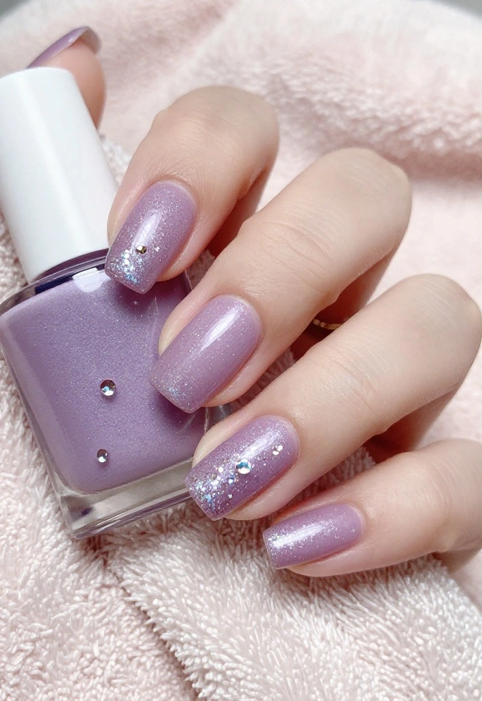 19 Gorgeous Milky Pastel Lavender Nail Color Ideas That Are Total Show-Stoppers! - 3. Milky Lavender with Glitter Tips 1