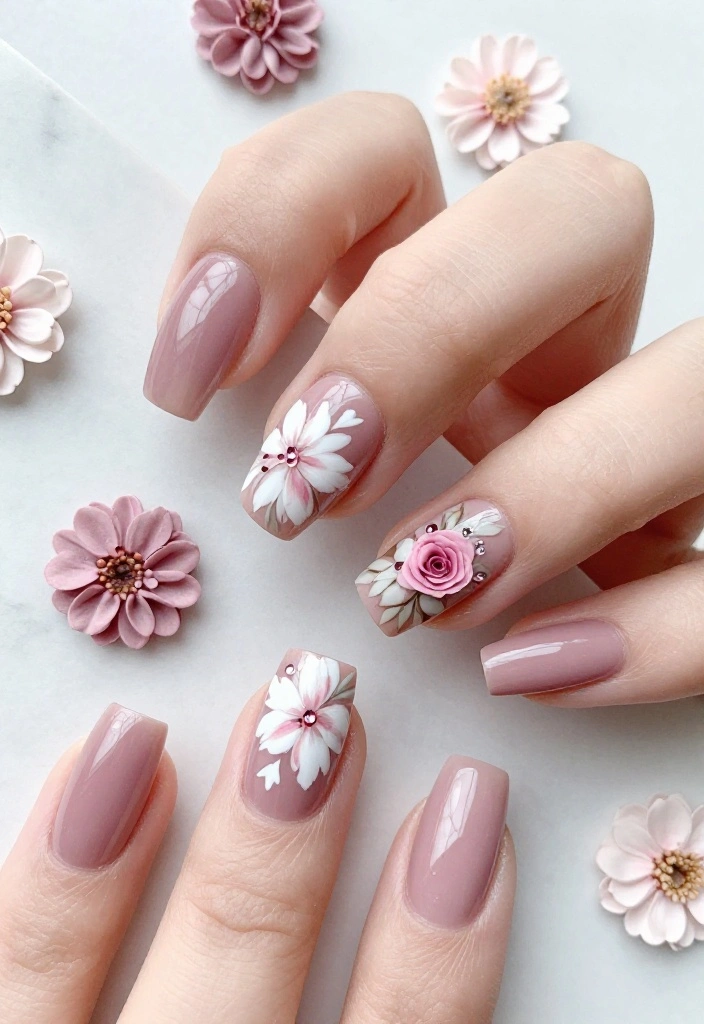 22 Trendy Nail Designs Featuring Dusty Rose and Soft Mauve (You’ll Be Obsessed with #8!) - 2. Floral Dusty Rose Accent Nails 1