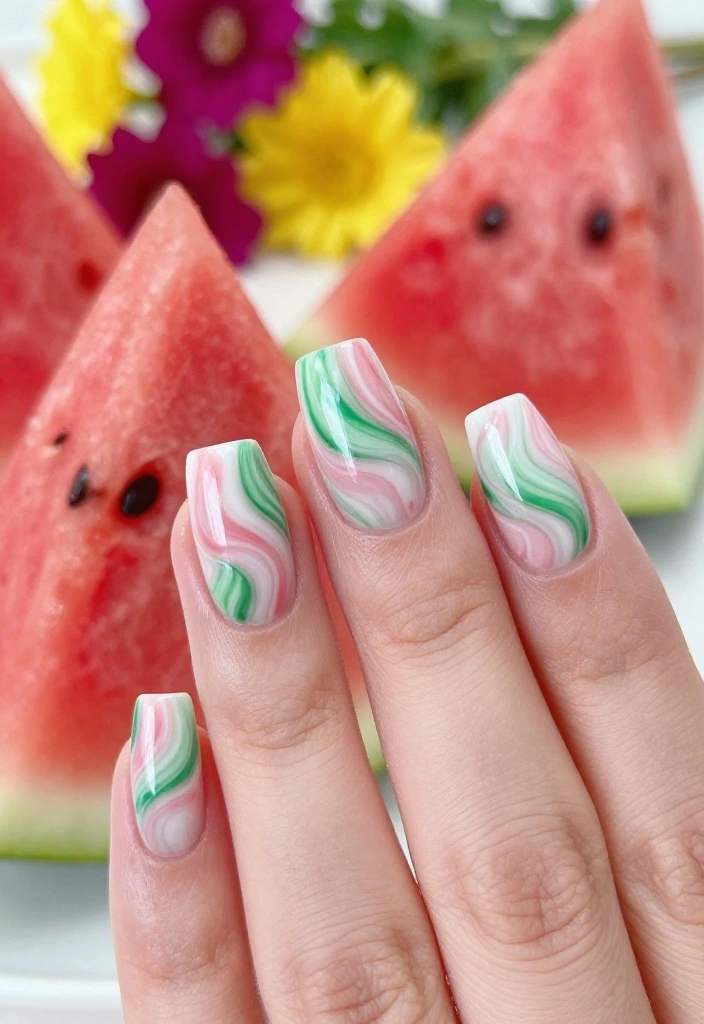 15 Fruity Watermelon Nail Art Ideas You Need to Try Right Now (Summer Vibes Only!) - 10. Watermelon Marble Nails 1