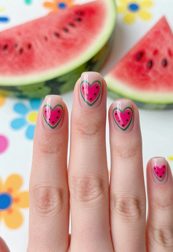 15 Fruity Watermelon Nail Art Ideas You Need to Try Right Now (Summer Vibes Only!) - 11. Watermelon Hearts 1
