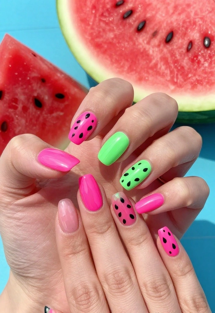 15 Fruity Watermelon Nail Art Ideas You Need to Try Right Now (Summer Vibes Only!) - 13. Watermelon Neon Glow 1