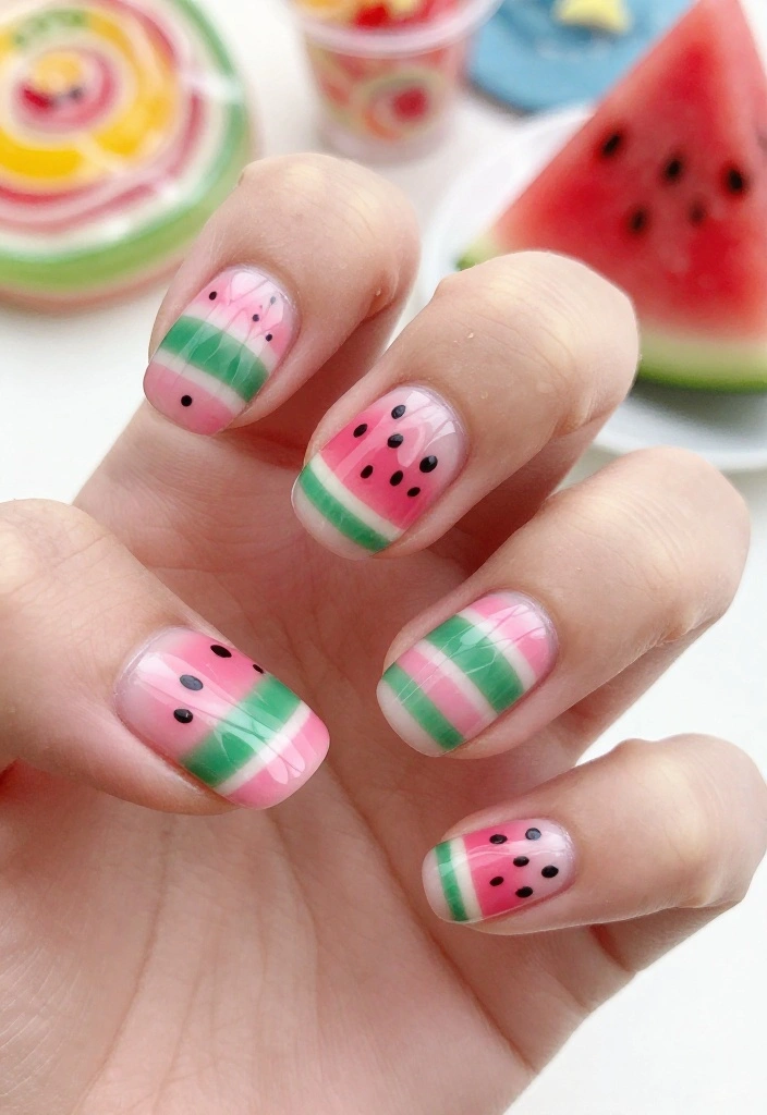 15 Fruity Watermelon Nail Art Ideas You Need to Try Right Now (Summer Vibes Only!) - 14. Watermelon Candy Stripes 1