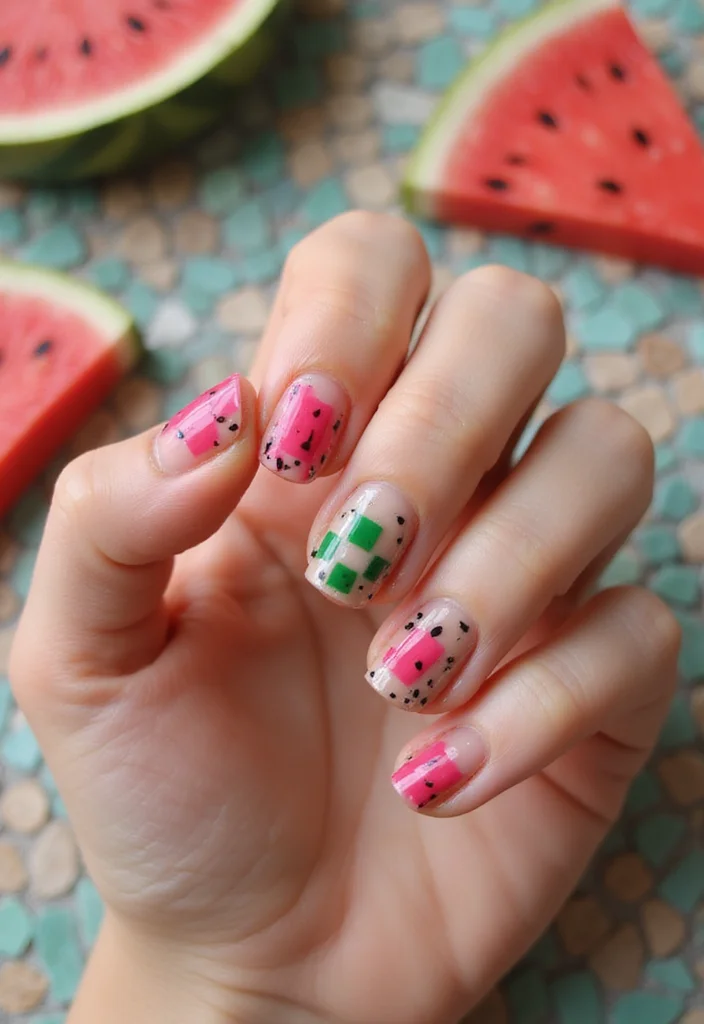 15 Fruity Watermelon Nail Art Ideas You Need to Try Right Now (Summer Vibes Only!) - 15. Watermelon Mosaic 1