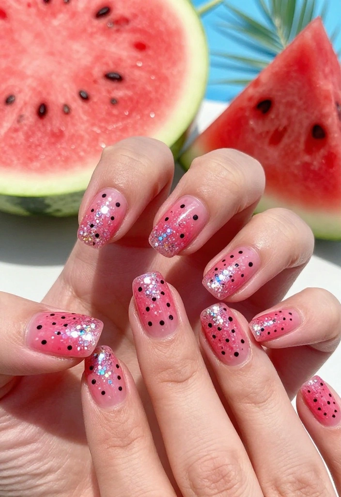15 Fruity Watermelon Nail Art Ideas You Need to Try Right Now (Summer Vibes Only!) - 7. Watermelon Glitter Accents 1