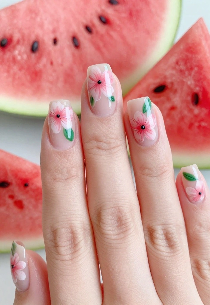 15 Fruity Watermelon Nail Art Ideas You Need to Try Right Now (Summer Vibes Only!) - 8. Watermelon Floral Fusion 1