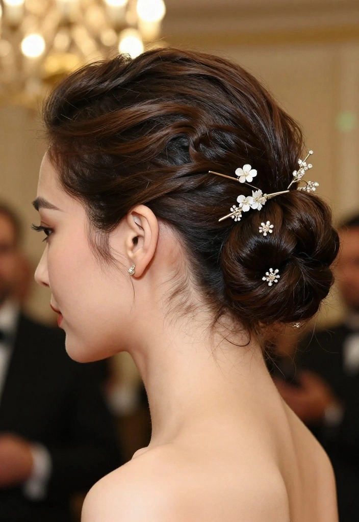 18 Fun Medium Length Updos That'll Steal the Spotlight at Any Party (Don't Miss #3!) - 9. Elegant Low Bun with Accessories 1