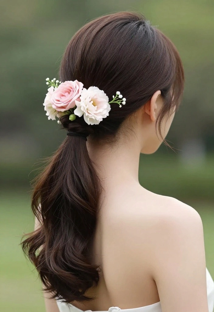 20 Stunning Sleek Ponytail Styles Perfect for Any Occasion! - 18. Sleek Ponytail with a Floral Touch 1