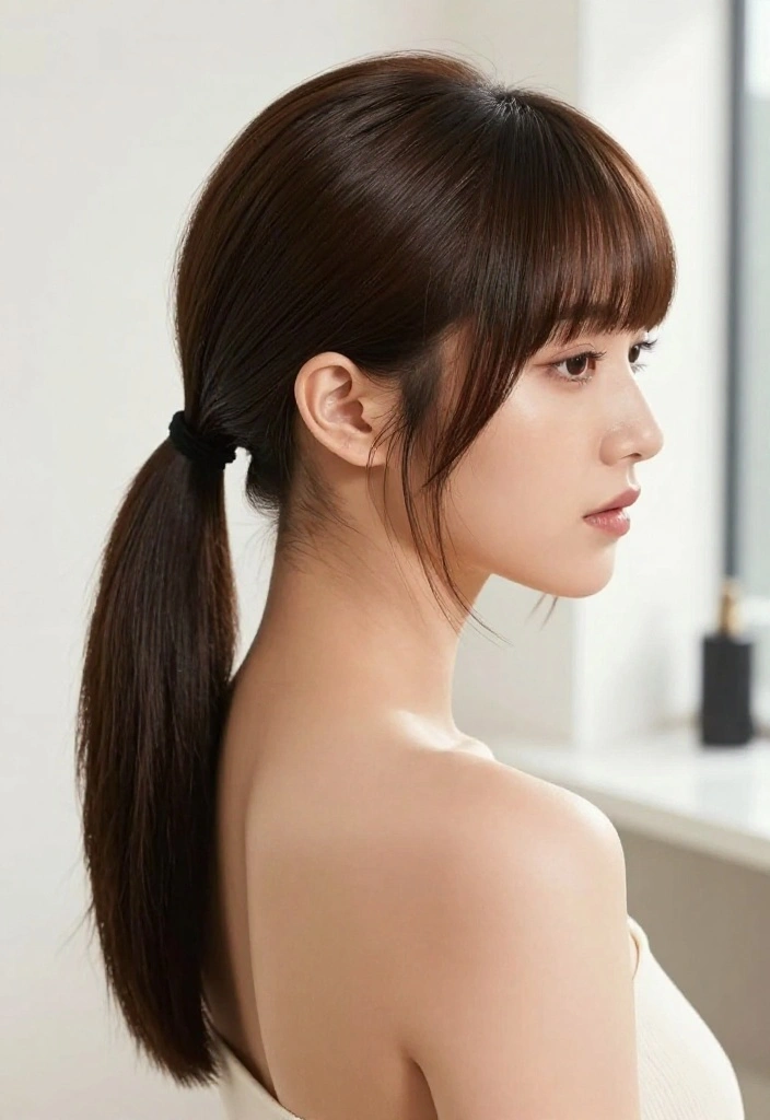 20 Stunning Sleek Ponytail Styles Perfect for Any Occasion! - 19. Sleek Ponytail with Side Swept Bangs 1