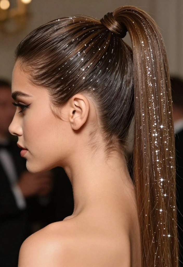 20 Stunning Sleek Ponytail Styles Perfect for Any Occasion! - 20. Sleek Ponytail with Glitter Roots 1