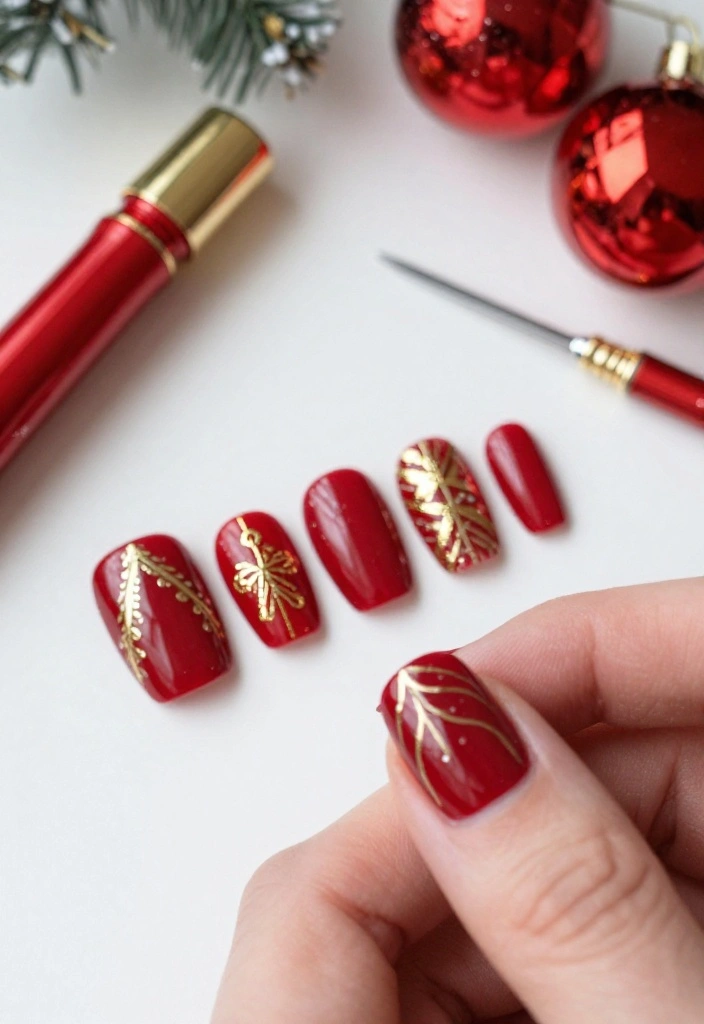 20 Stunning Thin Gold Lines Nail Ideas That'll Elevate Your Manicure Game! - 12. Holiday Inspired with Gold Lines 1