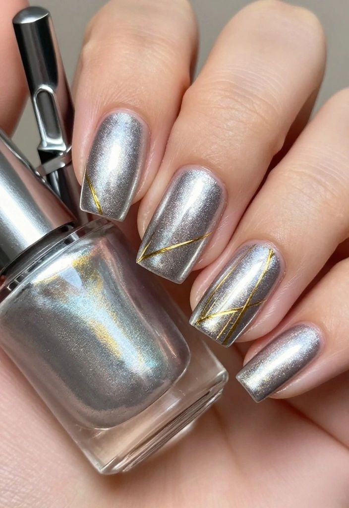 20 Stunning Thin Gold Lines Nail Ideas That'll Elevate Your Manicure Game! - 14. Edgy Metallic with Gold Lines 1