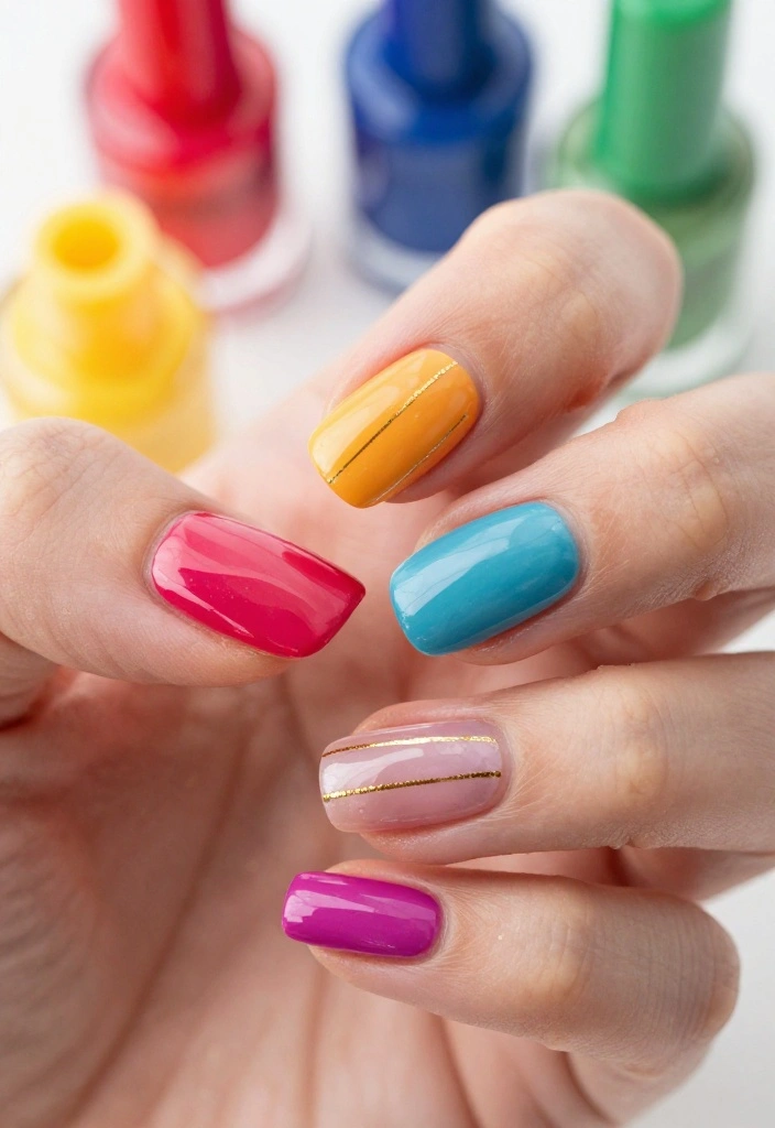 20 Stunning Thin Gold Lines Nail Ideas That'll Elevate Your Manicure Game! - 19. Colorful Rainbow Nails with Gold Lines 1